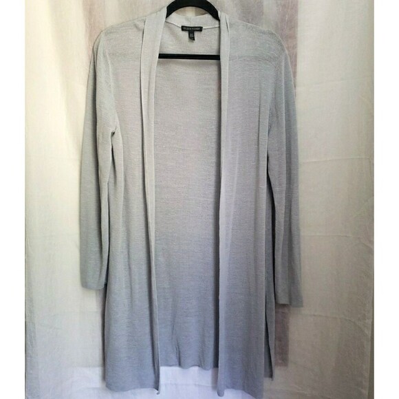 Eileen Fisher Sweater Long Light Weight Gray Cardigan Linen Blend Size L - Picture 1 of 7